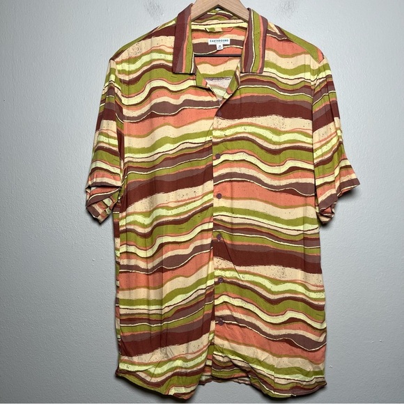 Earthbound Men Camp Shirt Medium Art Funky Stripe Indie‎ Sleaze Goblincore - Picture 1 of 10